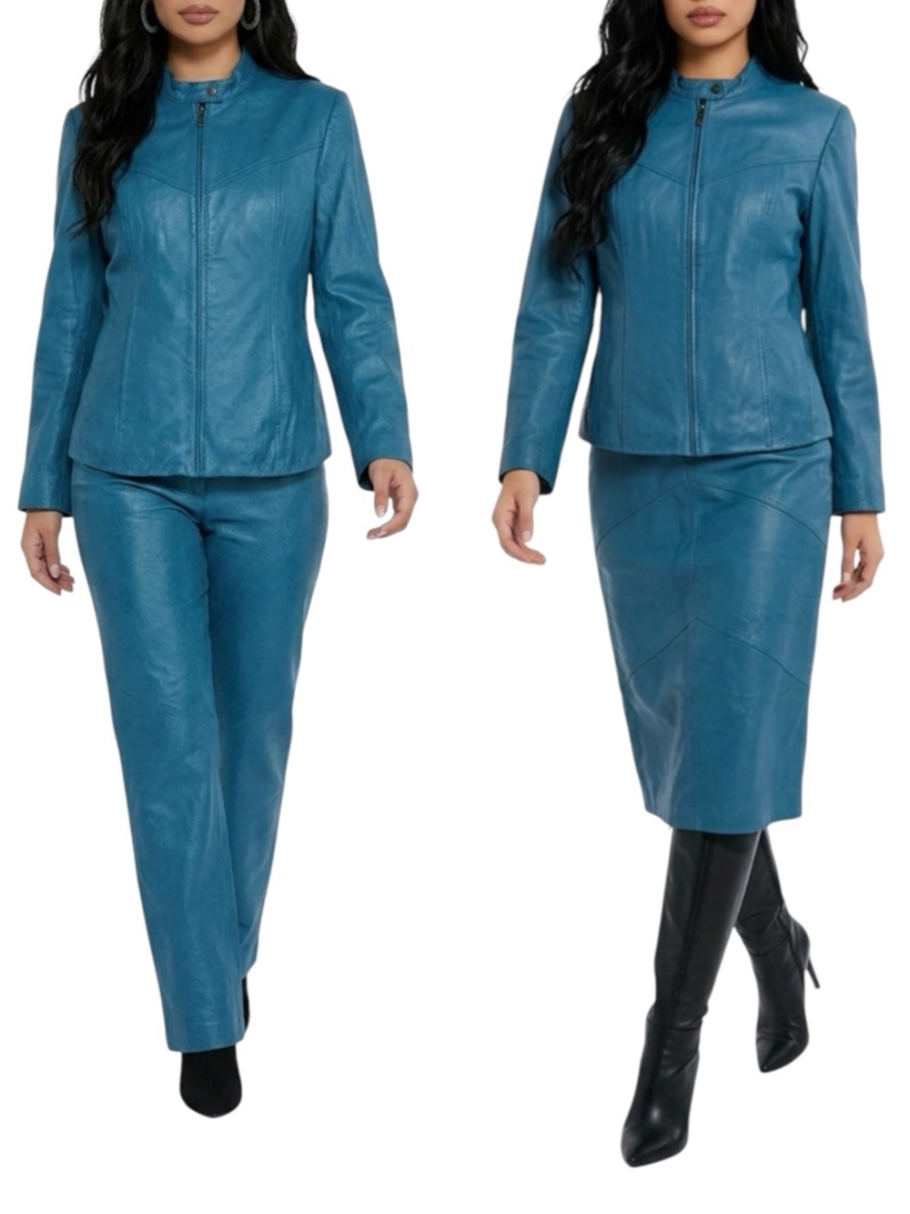 NWT Vintage Terry Lewis Teal Jacket Pants Midi Skirt Genuine Leather 3 Piece Set
